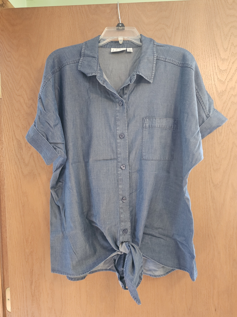 Casual Blue Denim Look Tie-Hem Women's Shirt